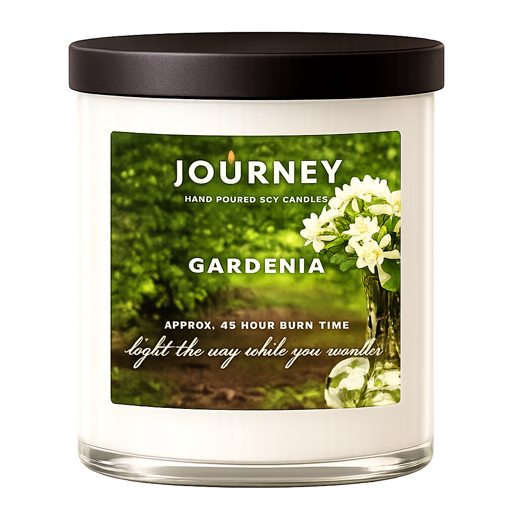 Candle with 'Journey' and 'Gardenia' text on a white background
