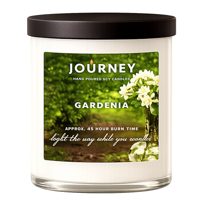 Candle with 'Journey' and 'Gardenia' text on a white background
